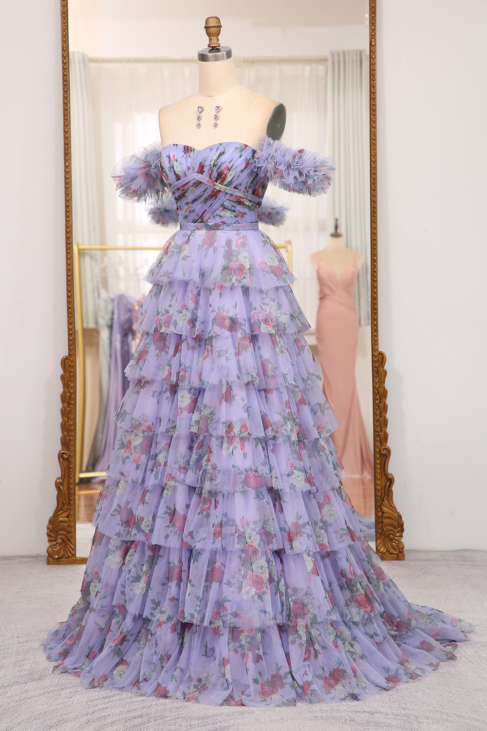 Charming A Line Off the Shoulder Blue Printed Long Prom Dress with Ruffles
