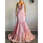 Sexy V-neck Lace Appliques Long Sleeves Mermaid Afric Prom Dress