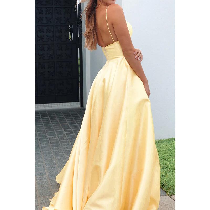 Plunging V-neck Yellow Satin Prom Dress with Pockets