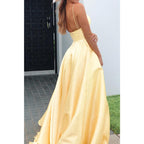 Plunging V-neck Yellow Satin Prom Dress with Pockets