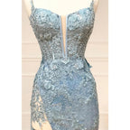 Spaghetti Straps Sequins Appliques Long Prom Dress with Slit