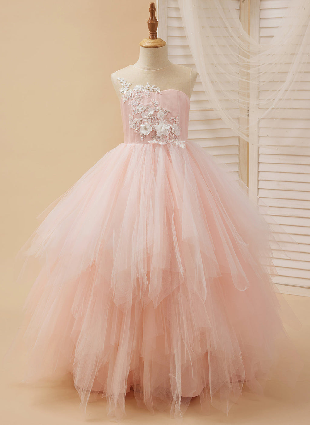Ball-Gown/Princess Lace Tulle Floor-length Pink Dress (2003226757)