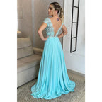 Sexy V-neck Lace A-line Long Formal Evening Dress Plus Size Mother of The Bride Dress
