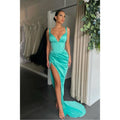 Sexy V-neck Pleats High Split Mermaid Prom Dresses