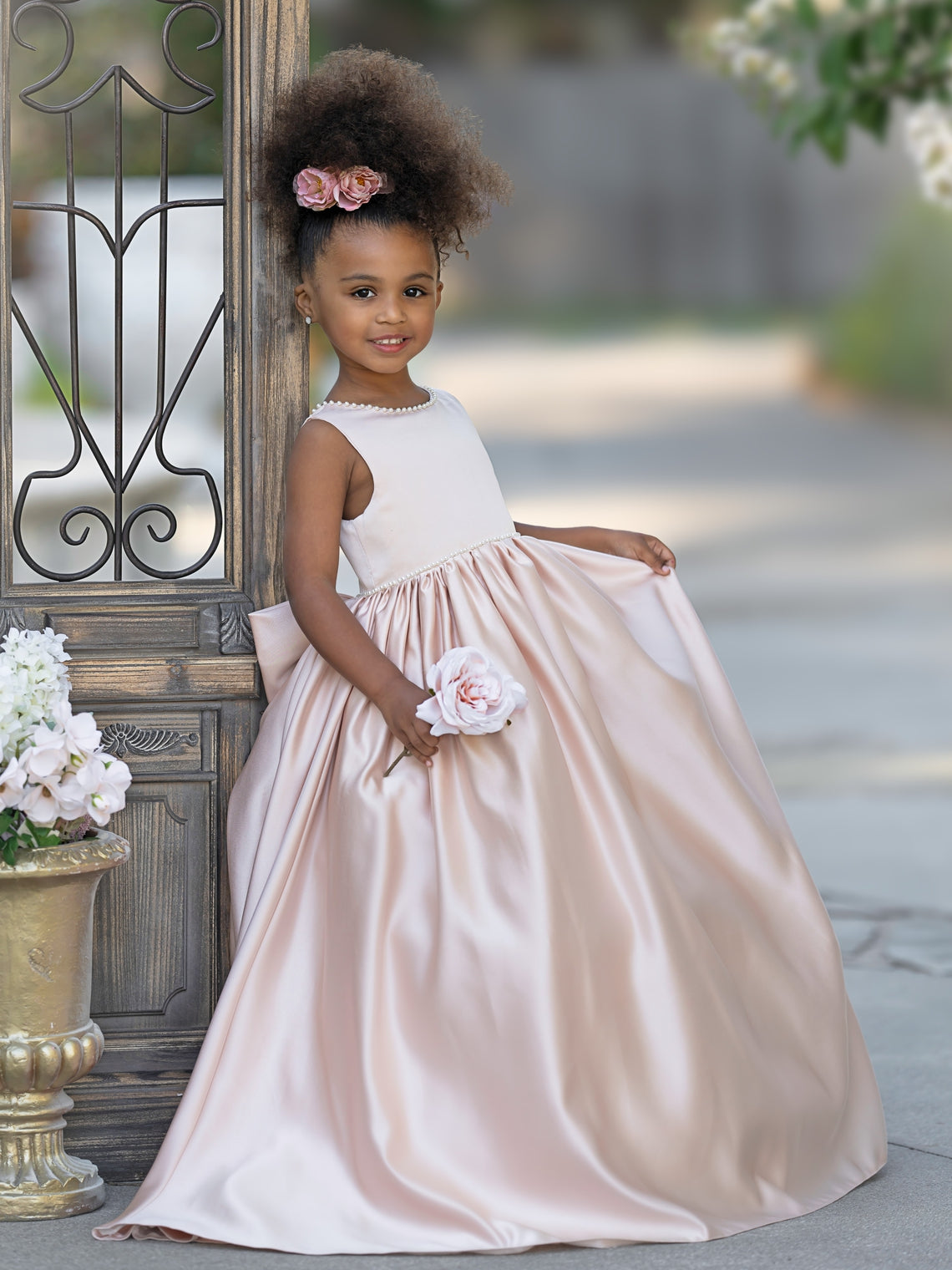 Sleeveless Satin Beaded Neckline and Bow Detail Dress