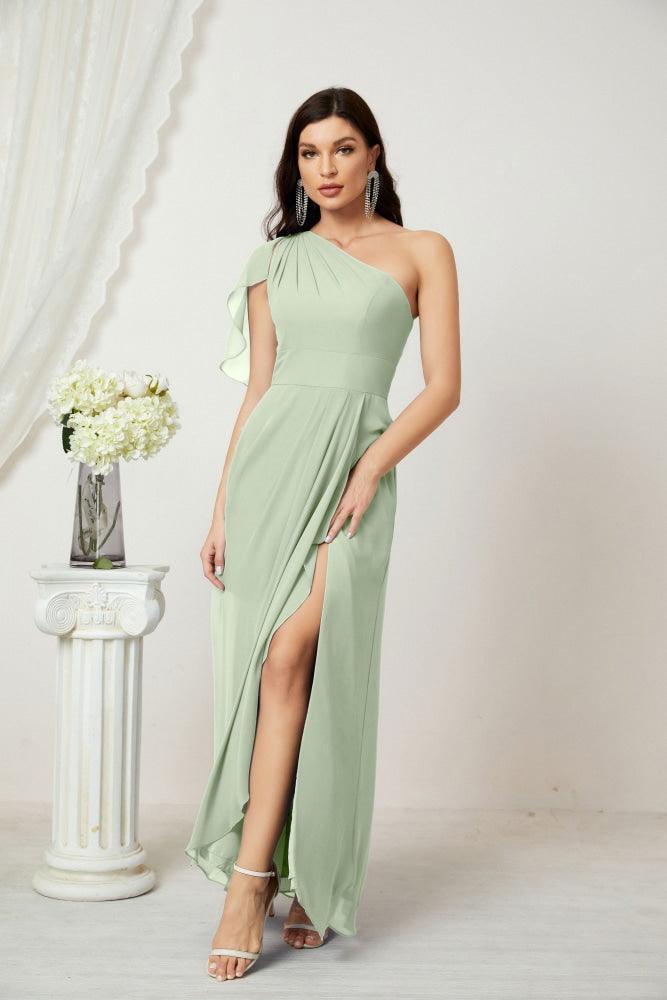 Numbersea  Chiffon Ruffled One Shoulder Long Bridesmaid Dresses A-line Formal Evening Gown Side Split 2809