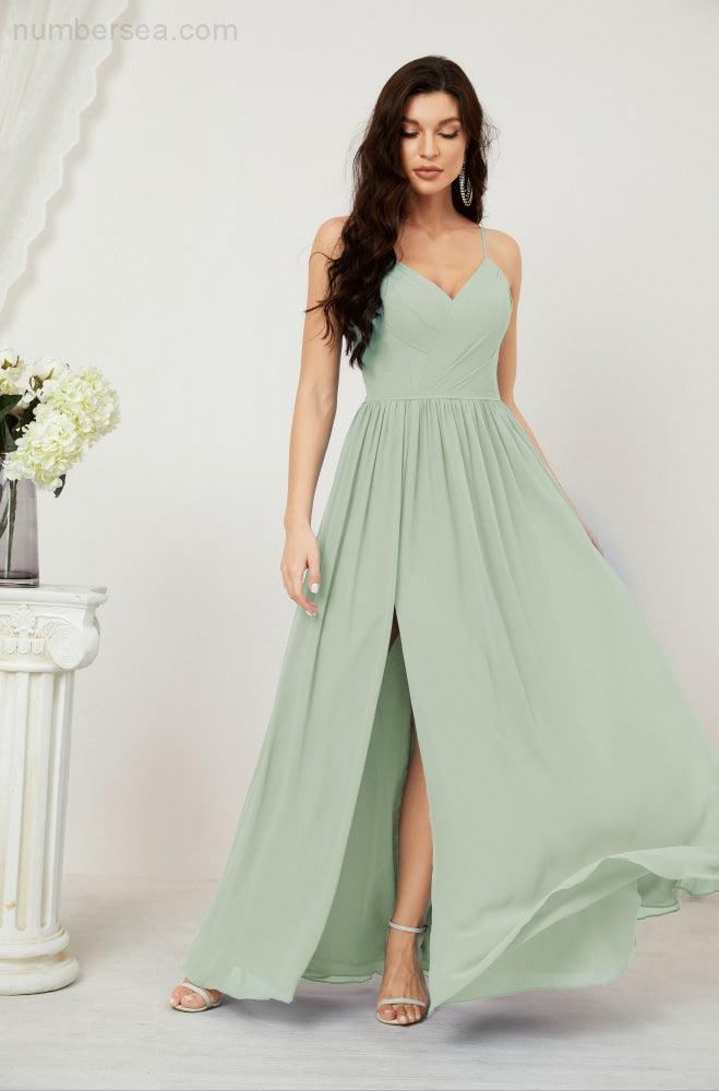 Baoleely  Neck Bridesmaid Dresses Chiffon Long Spaghetti A-line Formal Prom Gown for Wedding Party Evening 2801