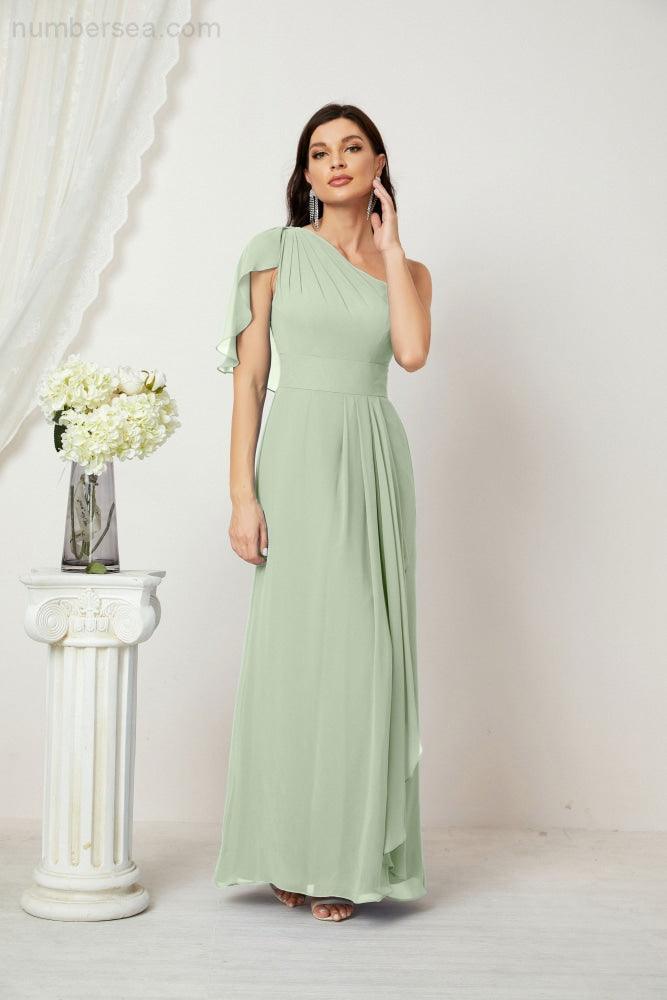 Numbersea  Chiffon Ruffled One Shoulder Long Bridesmaid Dresses A-line Formal Evening Gown Side Split 2809