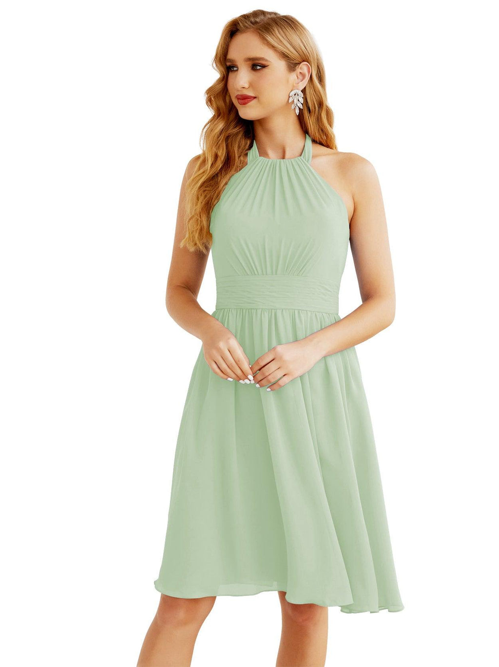 Baoleely Halter Chiffon Bridesmaid Dresses Short Sleeveless Formal Party Dress Open Back 28023