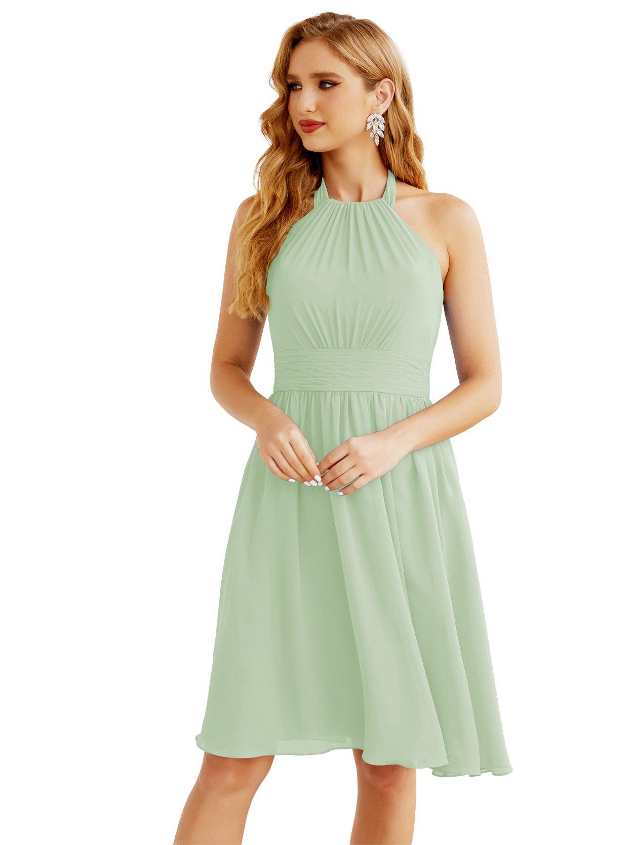 Baoleely Halter Chiffon Bridesmaid Dresses Short Sleeveless Formal Party Dress Open Back 28023