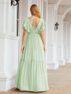 Numbersea Women's Open Back Formal Evening Party Prom Gowns V-Neck Long Chiffon Bridesmaid Dresses with Waist Belt 28038