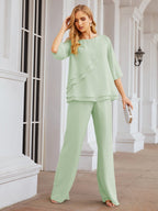 Sunnderly Elegant 2 Piece Mother of The Bride Dress Plus Size Pant Suits Ruffle Layers Sliver Housecoat SY28064