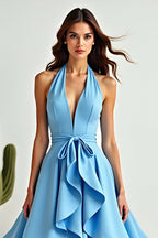 A Line Blue Halter Neck Asymmetrical High-Low Prom Dress with Ruffles