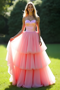 A Line Pink Sweetheart Tiered Long Prom Dress