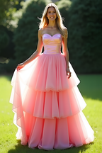 A Line Pink Sweetheart Tiered Long Prom Dress