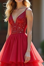 A Line Red Ruffled Tiered Long Prom Dress with Beading