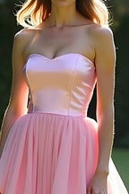 Pink Strapless Tiered A Line Long Prom Dress