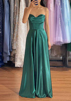 A-line Sweetheart Sleeveless Long/Floor-Length Charmeuse Prom Dress With Pleated Split