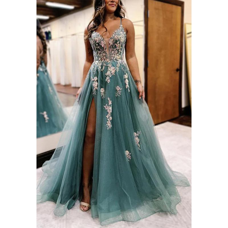 Tulle A-line Sweetheart Spaghetti Straps Appliques with Side Slit Party Prom Evening Dress
