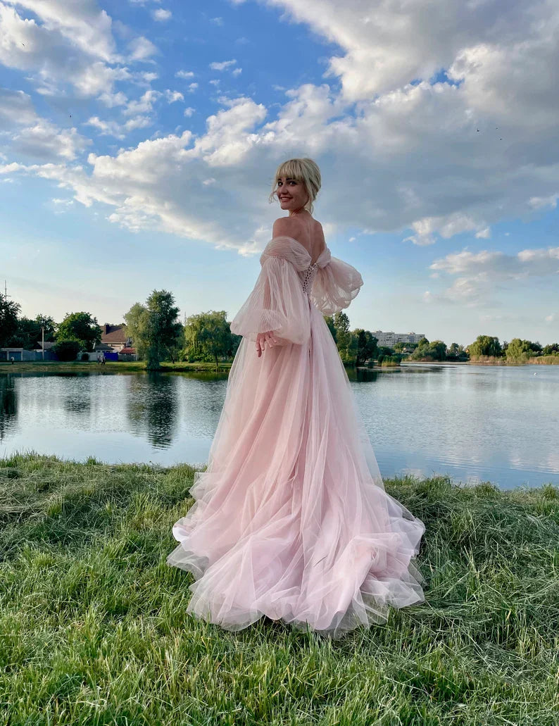 event dress Puffy tulle dress puff sleeves Wedding DressProm Dress Pink dress for photo corset dress