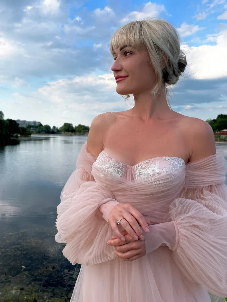 event dress Puffy tulle dress puff sleeves Wedding DressProm Dress Pink dress for photo corset dress