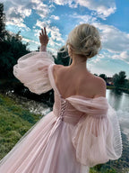 event dress Puffy tulle dress puff sleeves Wedding DressProm Dress Pink dress for photo corset dress