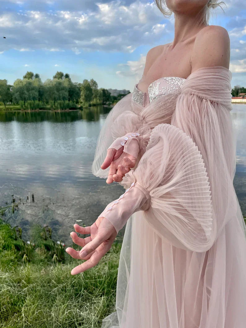 event dress Puffy tulle dress puff sleeves Wedding DressProm Dress Pink dress for photo corset dress