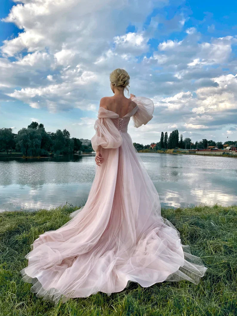 event dress Puffy tulle dress puff sleeves Wedding DressProm Dress Pink dress for photo corset dress