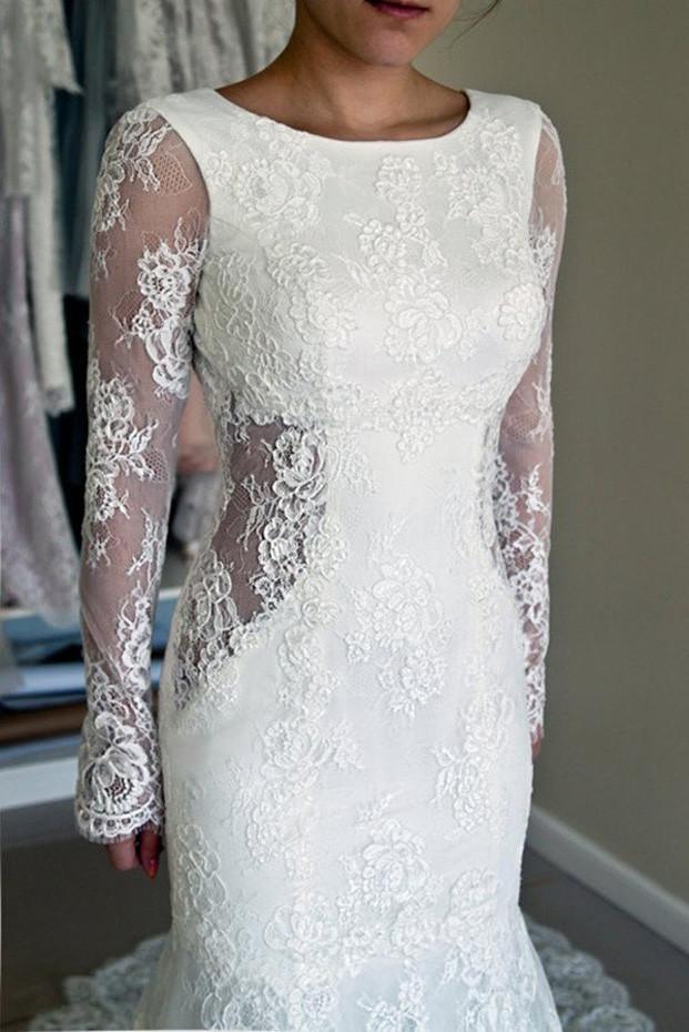 NumberSea White Lace Mermaid Long Sleeve Backless Wedding Dresses with Sweep Train, MW181