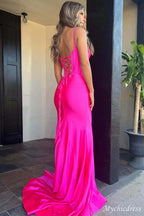 Simple  Prom Dresses Satin Mermaid Corset Formal Gown with slit
