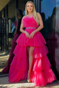 A-line High-Low Strapless Ruffled Tulle Prom Dress with Feathers