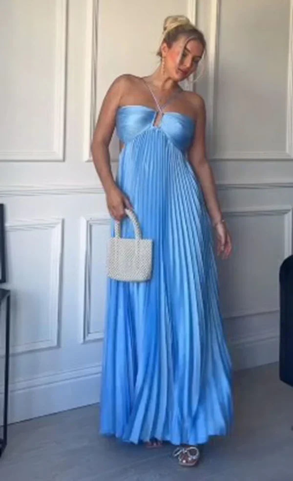 A line Halter  Sleeveless Hollow pleated long dress patty dresses