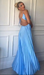 A line Halter  Sleeveless Hollow pleated long dress patty dresses