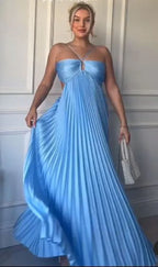 A line Halter  Sleeveless Hollow pleated long dress patty dresses
