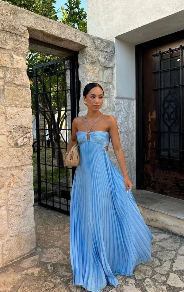 A line Halter  Sleeveless Hollow pleated long dress patty dresses
