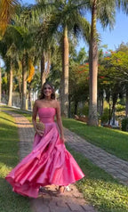 Classy Ball Gown Strapless  Floor Length Satin Prom Dresses Evening Gowns