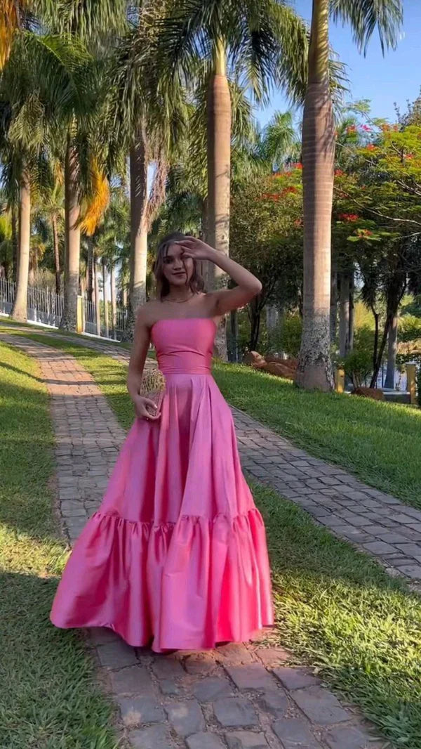 Classy Ball Gown Strapless  Floor Length Satin Prom Dresses Evening Gowns