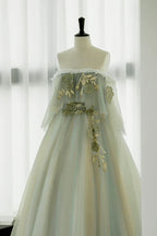 Light Off Shoulder Tulle Long Prom Dress A-line Green Party Dress