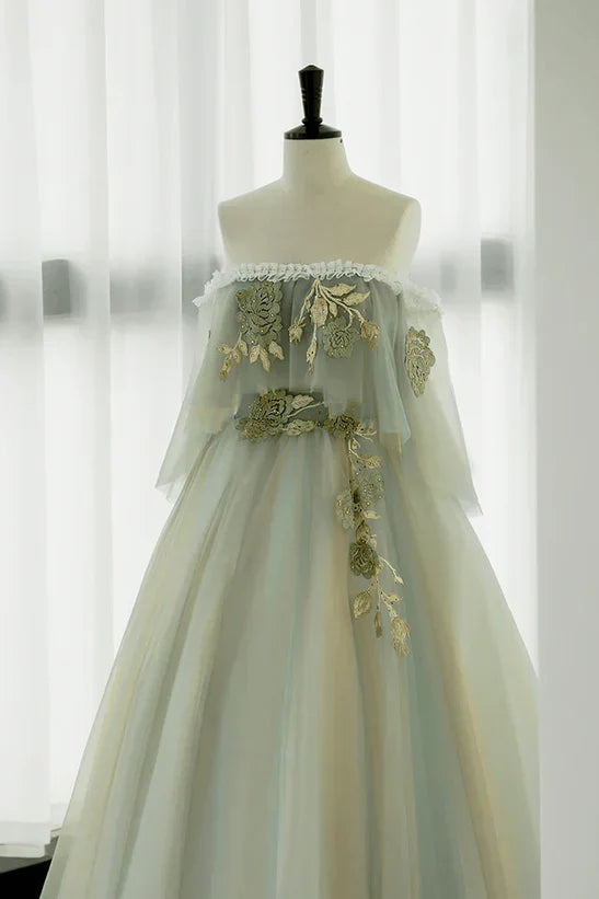 Light Off Shoulder Tulle Long Prom Dress A-line Green Party Dress