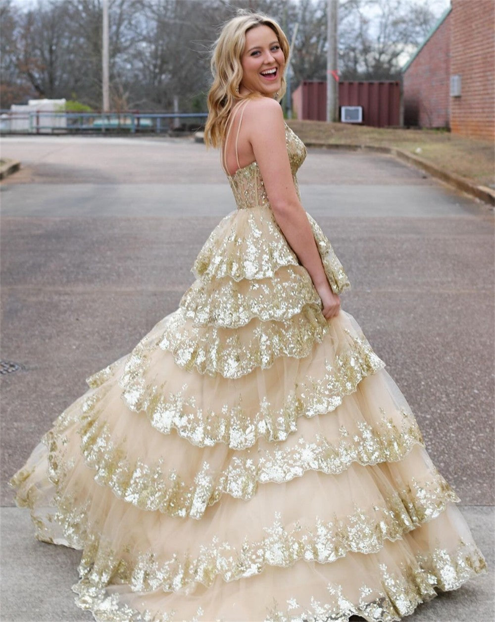 Glitter Ball Gown Tulle Layered Princess Graduation Dress Sweet Wedding Party Dress