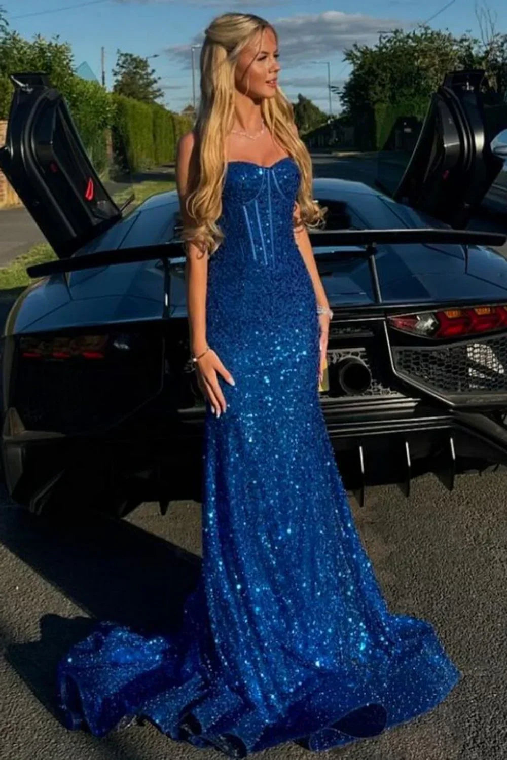 Light Mermaid Spaghetti Straps Long Beaded Prom Dress