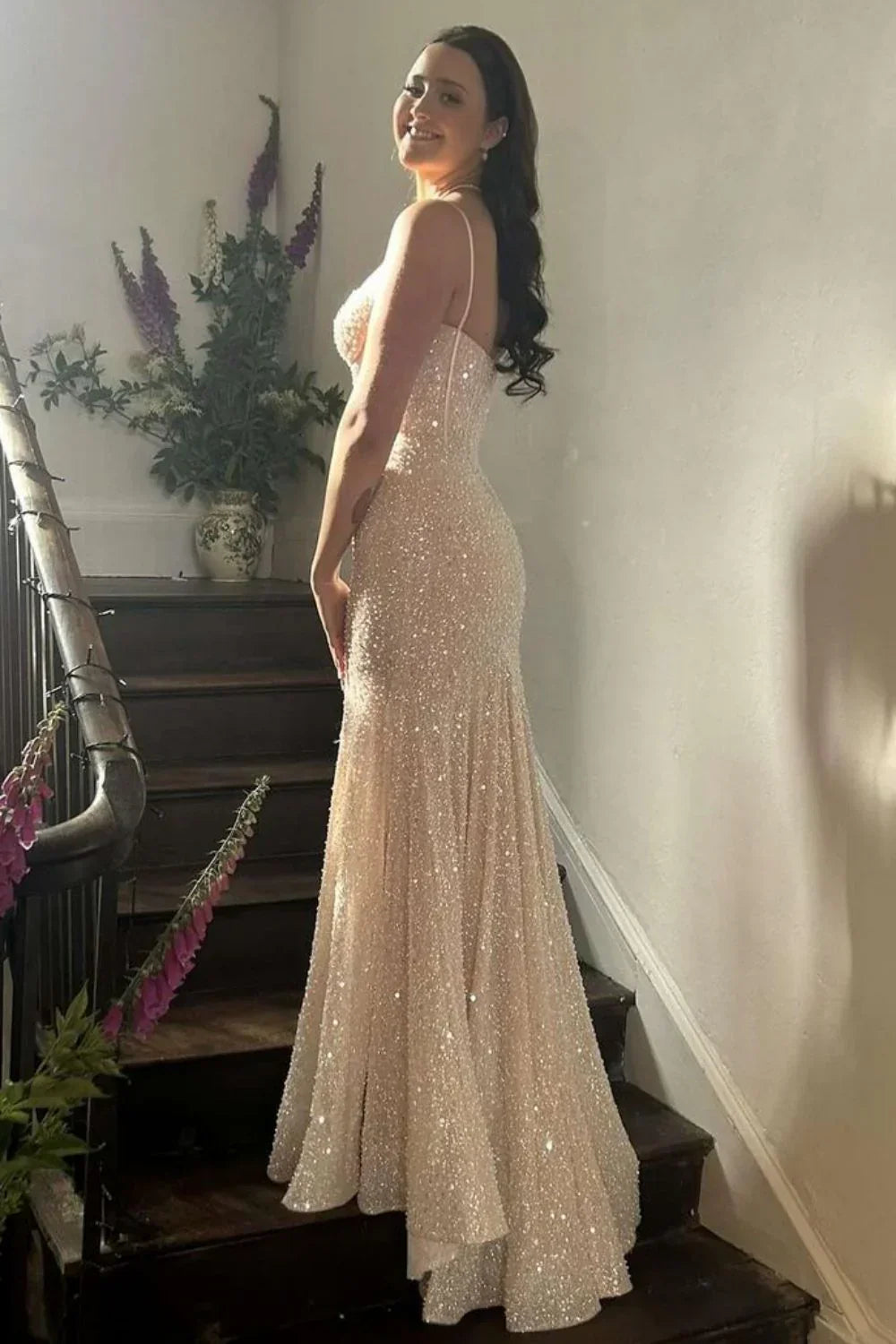 Light Mermaid Spaghetti Straps Long Beaded Prom Dress