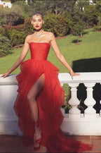 Sexy Strapless Layered Long Prom Dresses with High Slit
