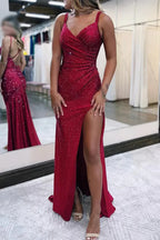 Sparkly V Neck Sequins Long Prom Dress with Slit