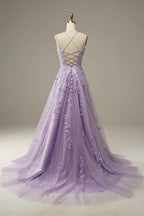 A-Line Spaghetti Straps Long Prom Dress with Appliques