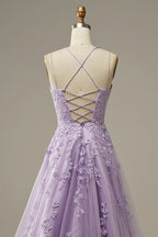 A-Line Spaghetti Straps Long Prom Dress with Appliques