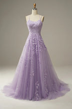 A-Line Spaghetti Straps Long Prom Dress with Appliques