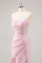 Blush Mermaid Strapless Corset Tiered Long Prom Dress with Slit