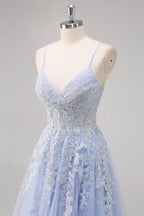 A Line Spaghetti Straps Tulle Beaded Long Prom Dress with Slit