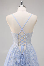 A Line Spaghetti Straps Tulle Beaded Long Prom Dress with Slit